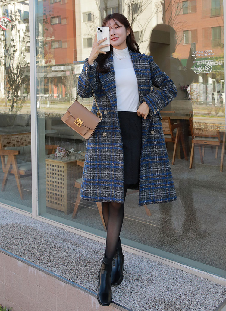 キルト裏地ダブルボタンチェックロングコート | レディース