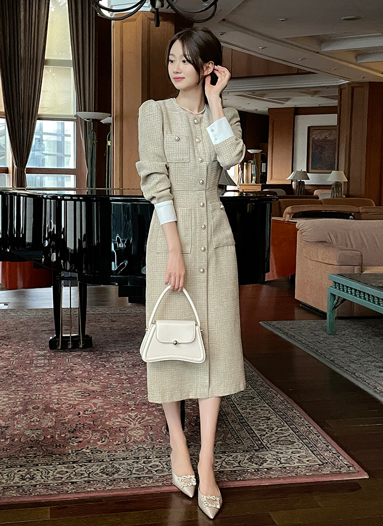 パール調ボタンツイードパフワンピース | レディースファッション通販