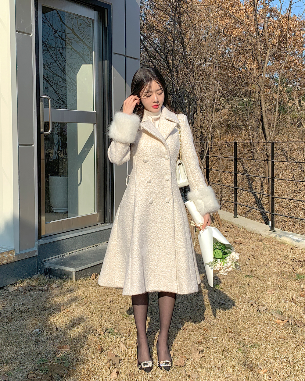 ベルト付エコファーポイントフレアコート | レディースファッション