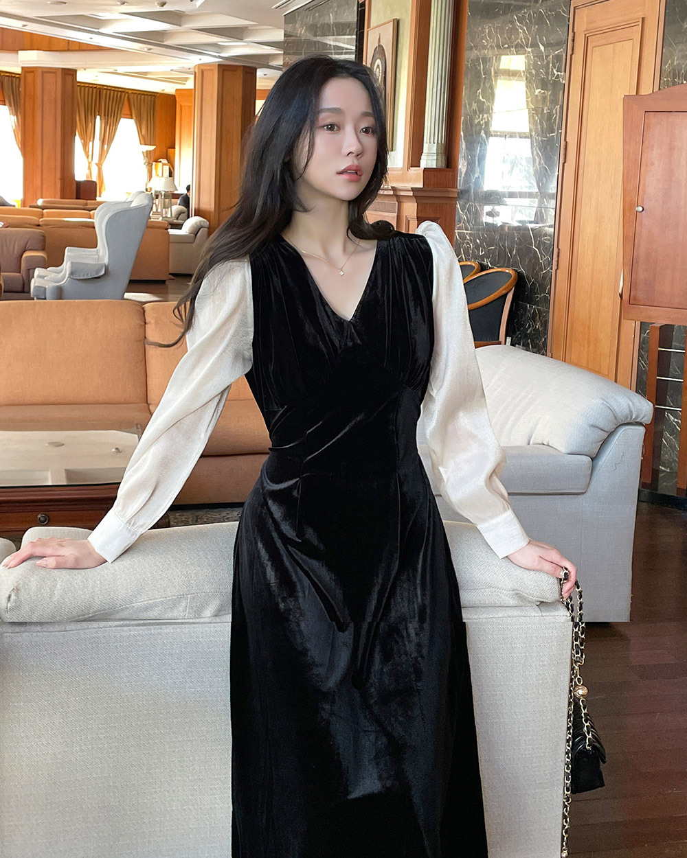 サテンスリーブベロアAラインワンピース | レディースファッション通販