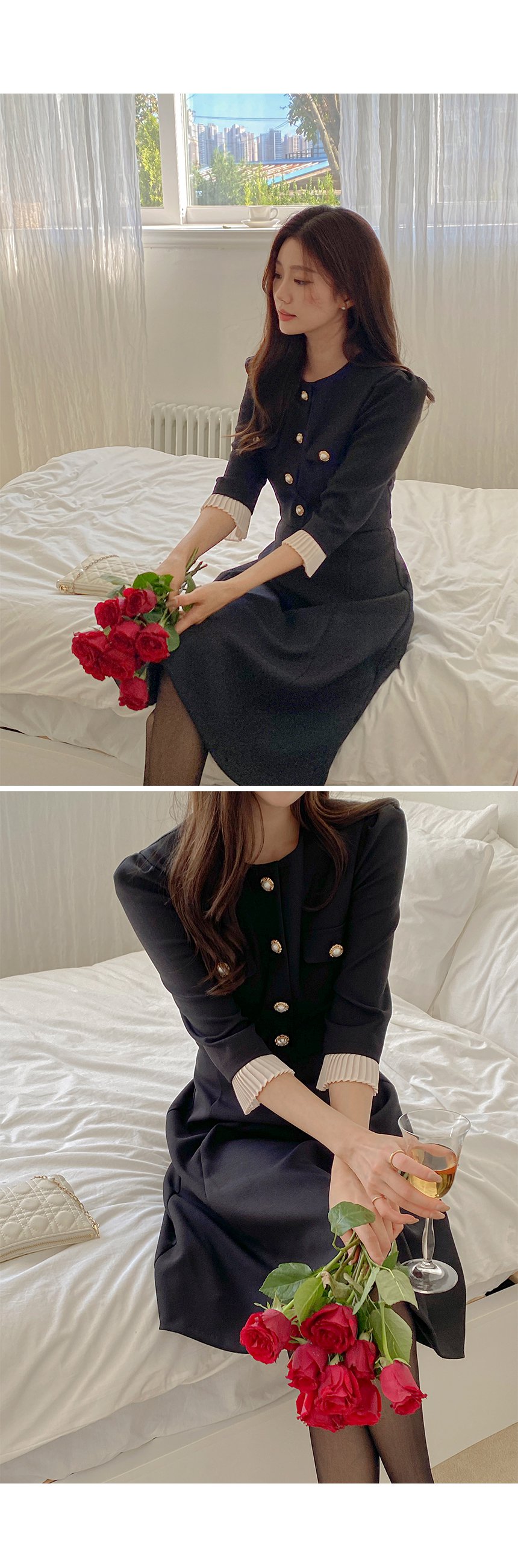 DHOLIC パール調ボタン プリーツ 7分袖 ツイード Aライン ワンピース