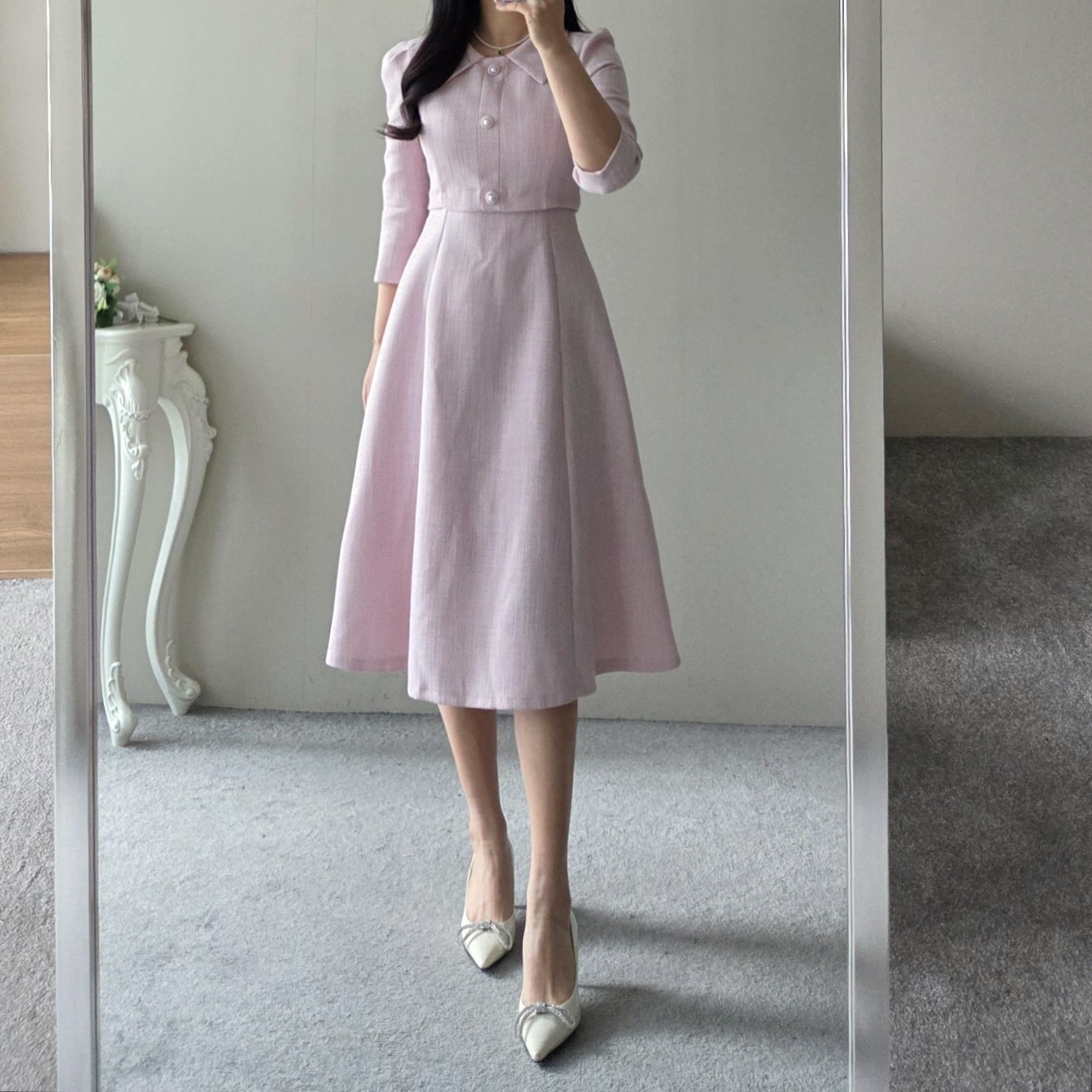 パール調ボタンカラー7分袖ツイードAラインワンピース | レディース