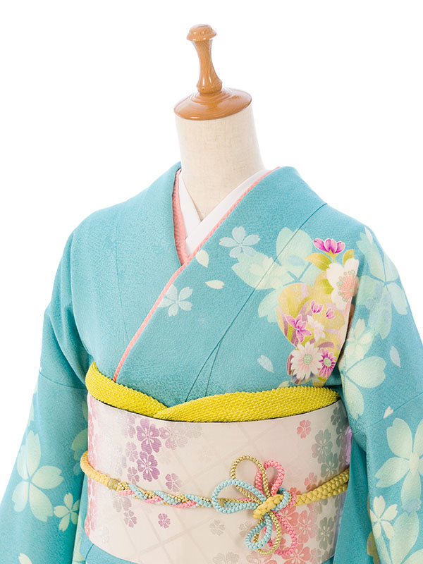 振袖|水色系|桜 牡丹 |5S478|対応身長:150-160cm|ｻｲｽﾞ:13号-17号｜全国