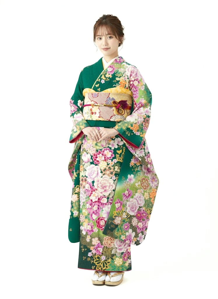 振袖|緑系|薔薇 洋花|対応身長:153-163cm|ｻｲｽﾞ:7号-13号 |7S686｜全国