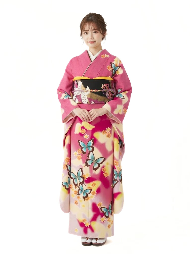 振袖|ﾋﾟﾝｸ系|蝶 小花|対応身長:153-165cm|ｻｲｽﾞ:7号-13号|6S698｜全国