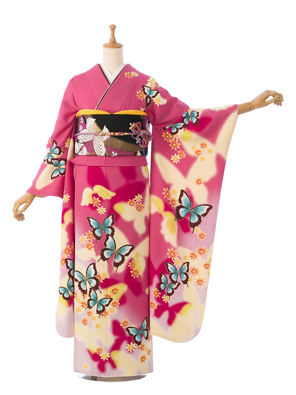 振袖|ﾋﾟﾝｸ系|蝶 小花|対応身長:153-165cm|ｻｲｽﾞ:7号-13号|6S698｜全国