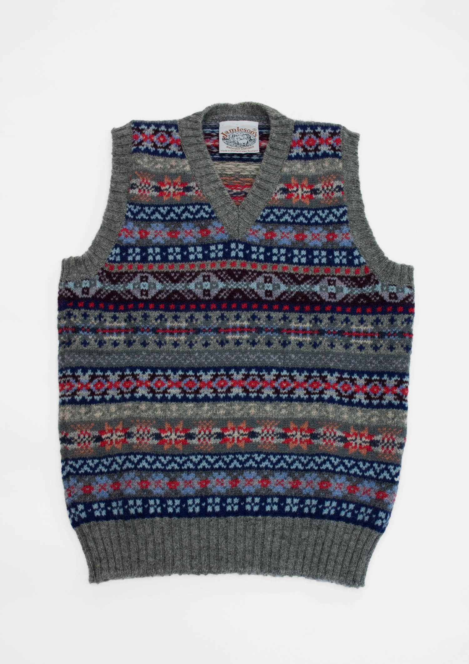 Jamieson'sジャミーソンズ フェアアイルVネックベスト グレイレッド