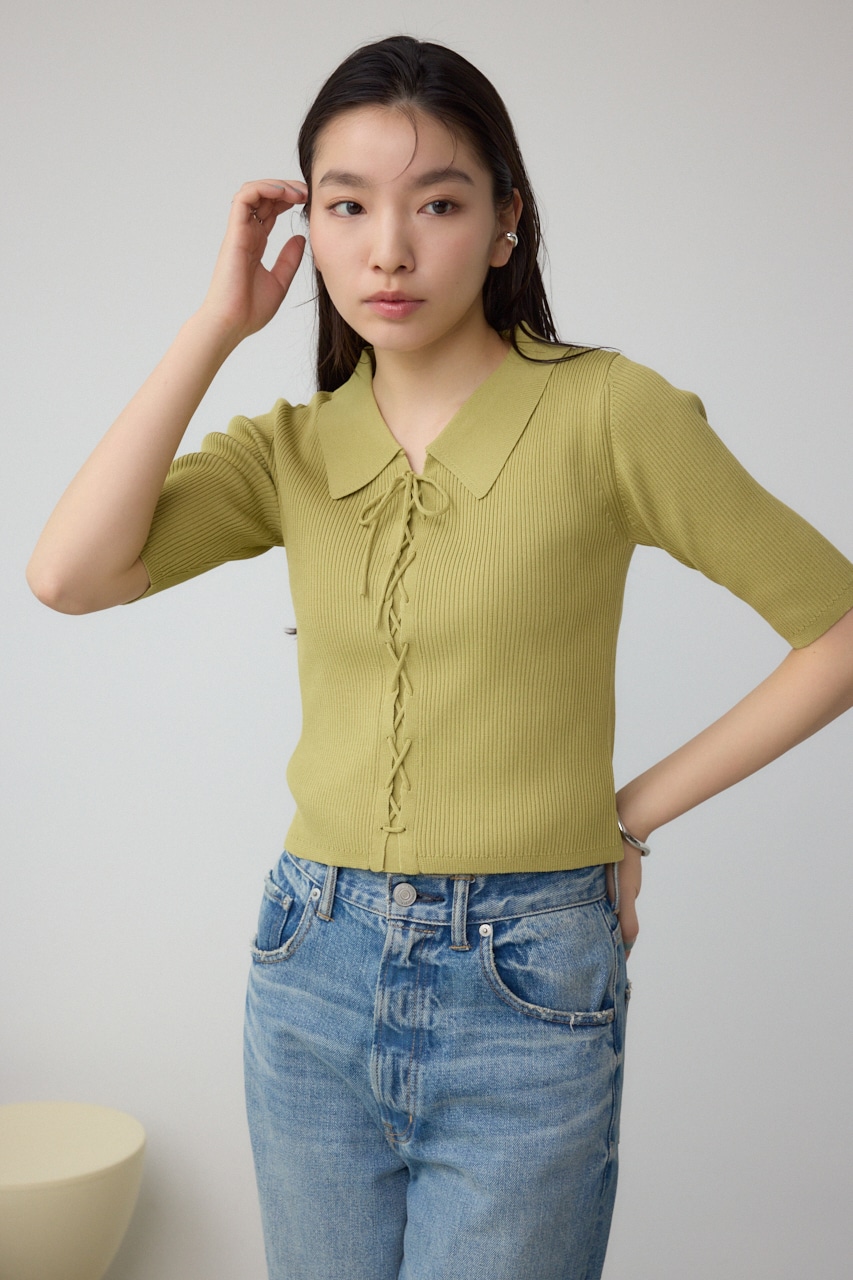 AZUL BY MOUSSY | レースアップ5分袖ポロカラーニット (ニット ) |SHEL