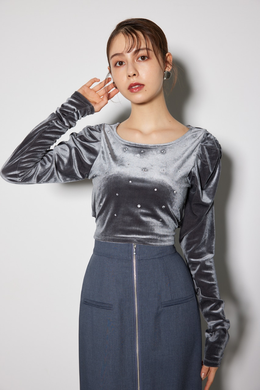 rienda | ビジューベロアクロップドトップス (Tシャツ・カットソー