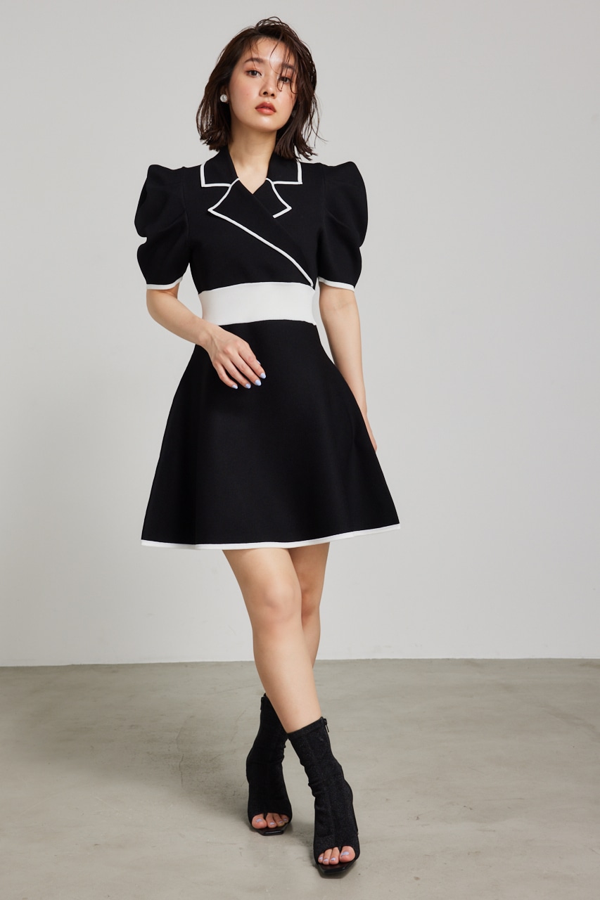 rienda | テーラードカラーミニフレアハーフスリーヴニットワンピース