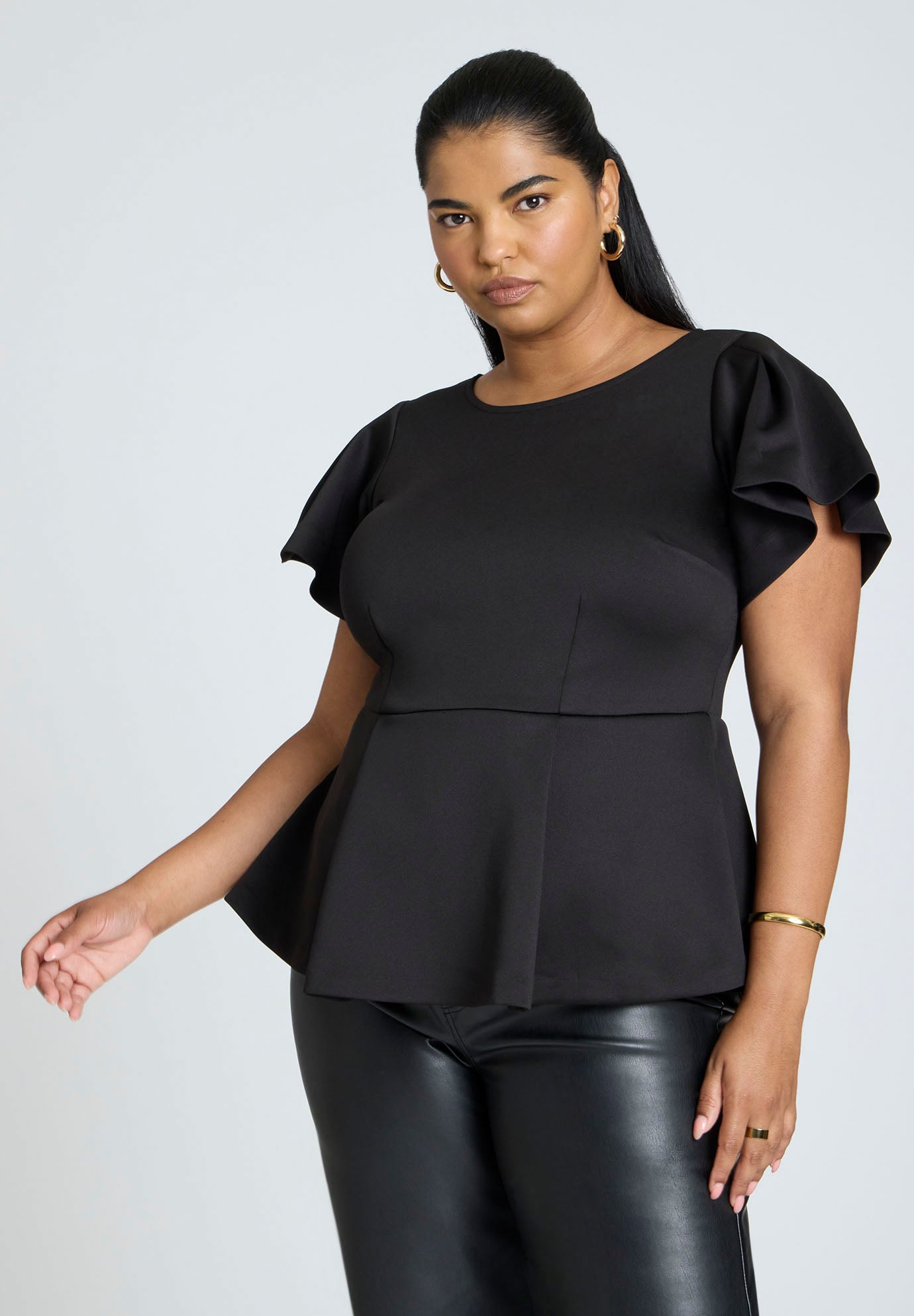 Flare Sleeve Peplum Top for Office Wear, Black | ELOQUII