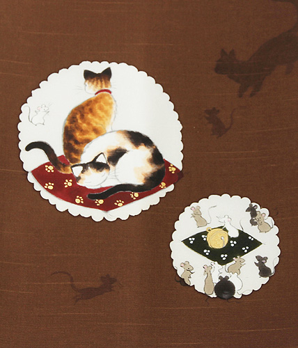手描き友禅 名古屋帯 猫とネズミ＜焦茶＞｜京都の着物和装小物 ゑり正