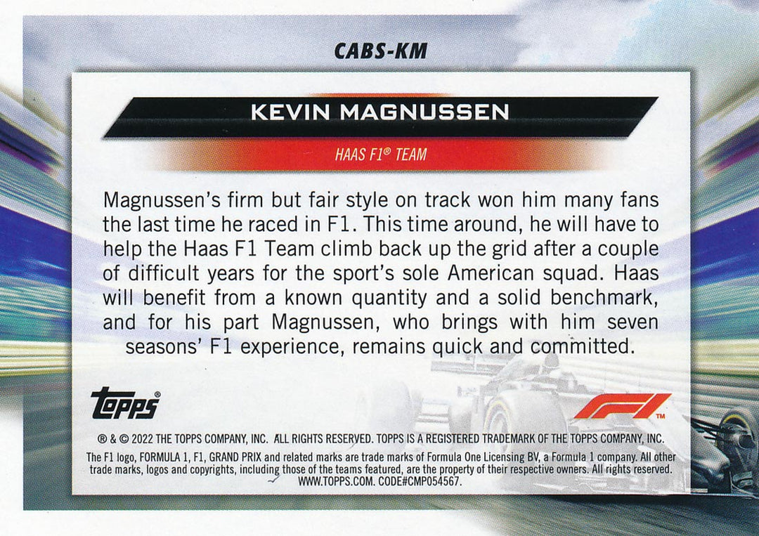 Kevin Magnussen Signed 2022 Topps Formula 1 Haas F1 Team #CABS-KM