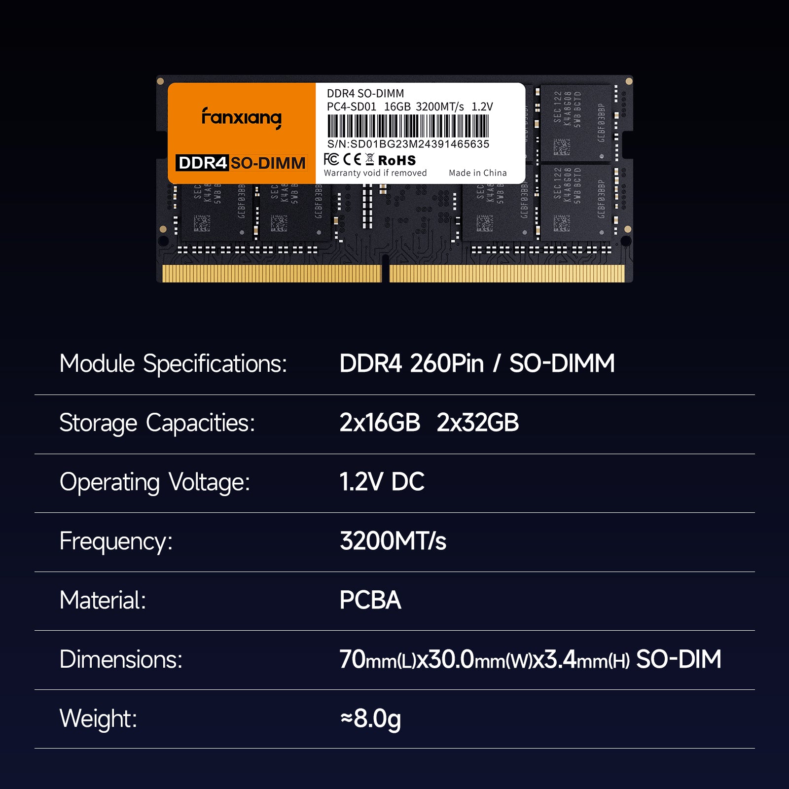 32GB DDR4 3200MHz SODIMM RAM Kit (2×16GB), CL22 1.2V Laptop Memory