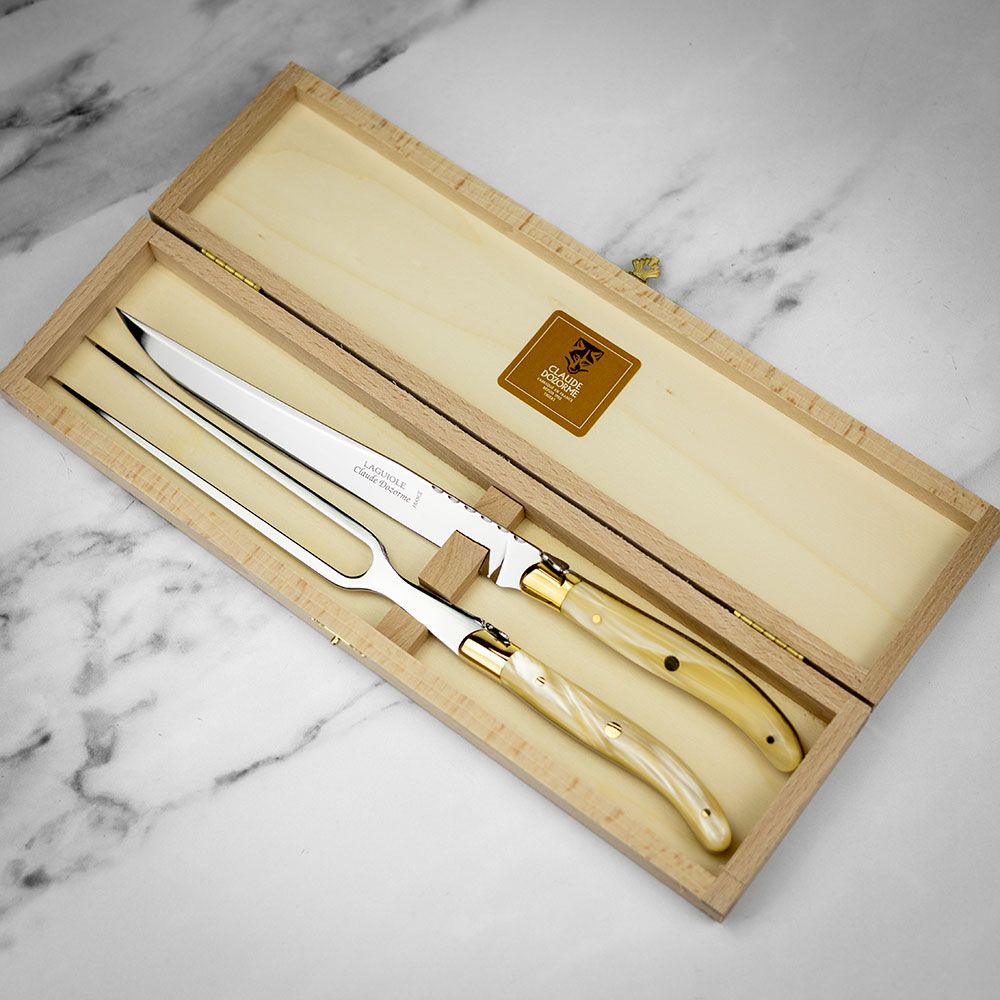Claude Dozorme Laguiole 2pc Carving Set in Gift Box - Resin Pearl