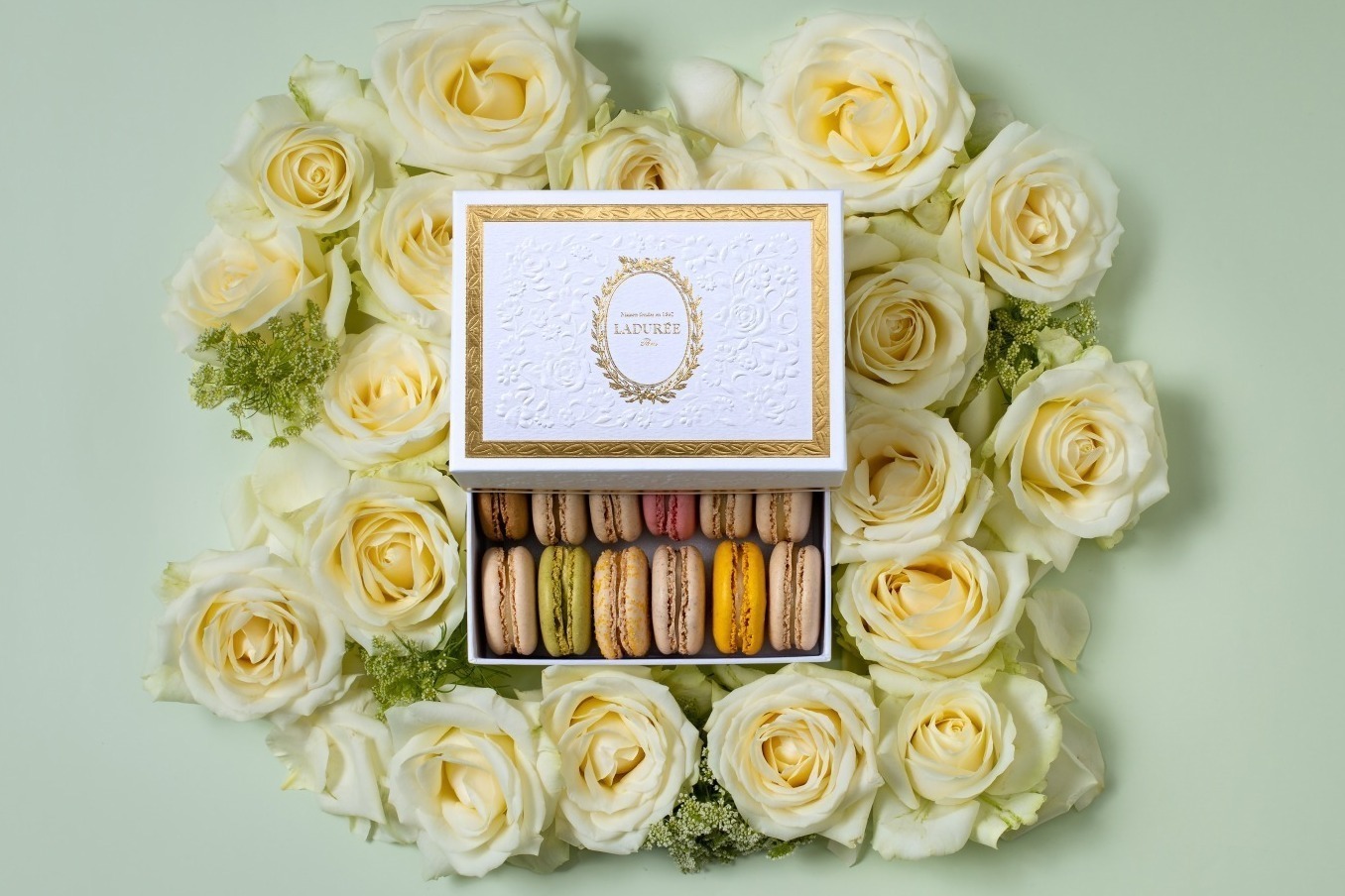 ラデュレ“バラの装飾”を施した限定マカロンボックス「リュ・ロワイヤル