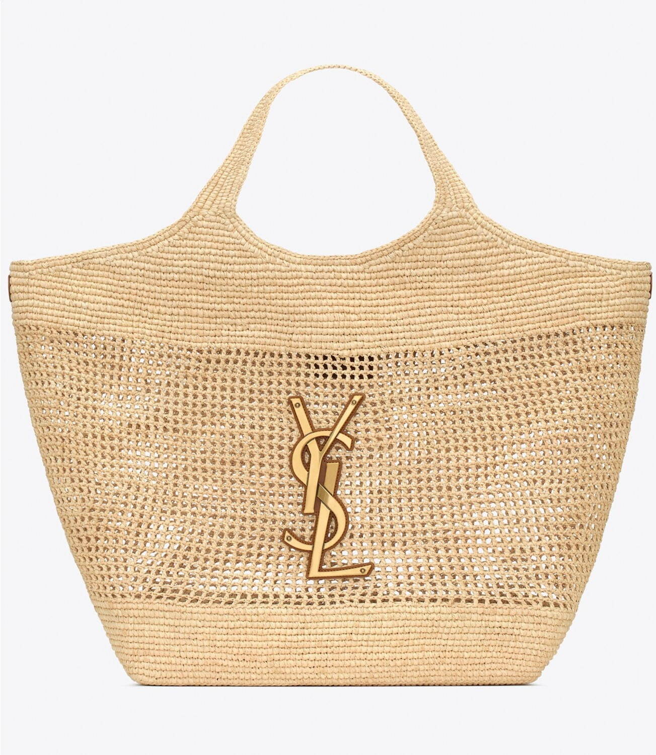 サンローラン24年春夏ラフィアバッグ、YSLロゴを配したクロシェ編み