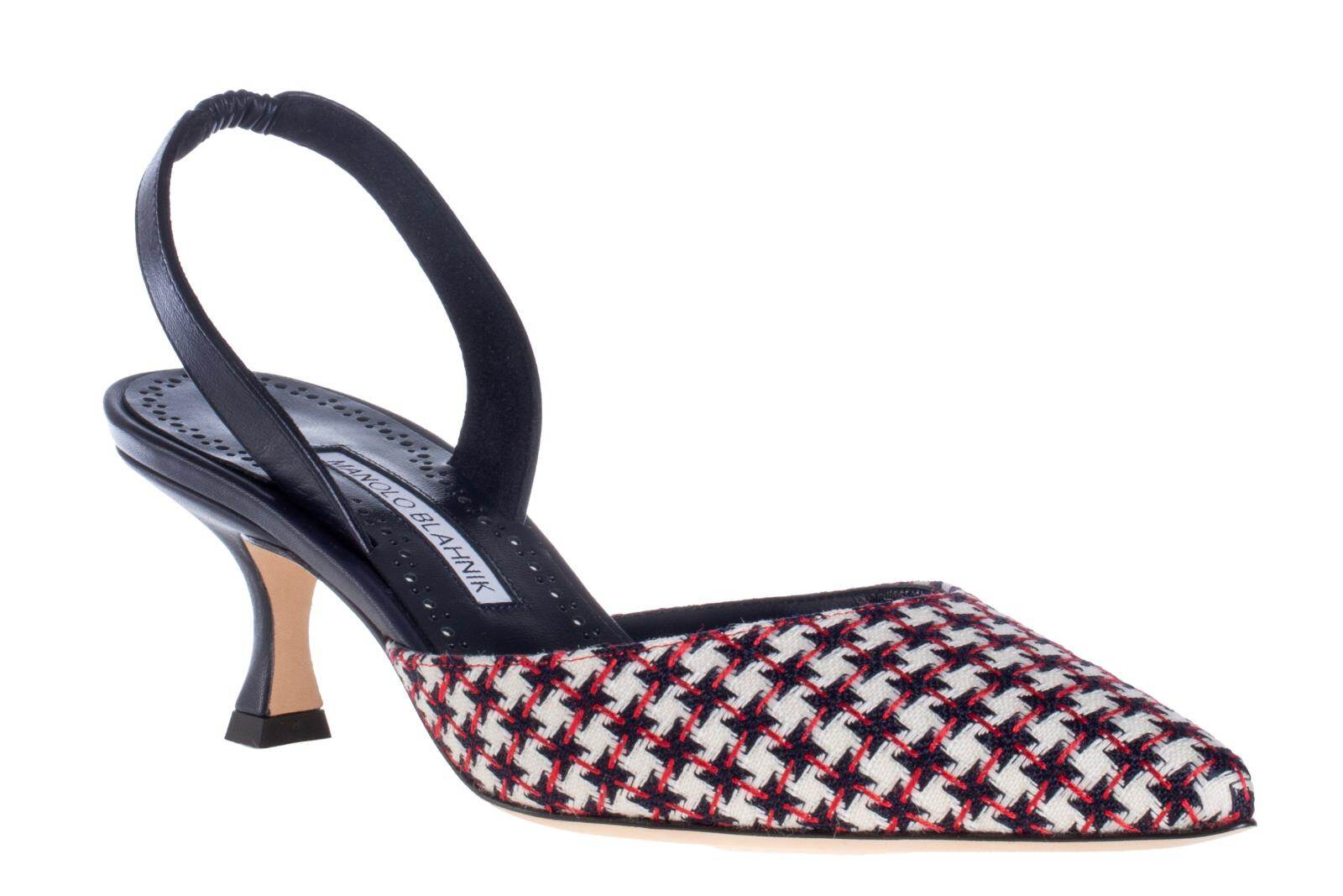 マノロ ブラニク”ツイード×黒レザー”ヒールシューズ＆フリンジ付き