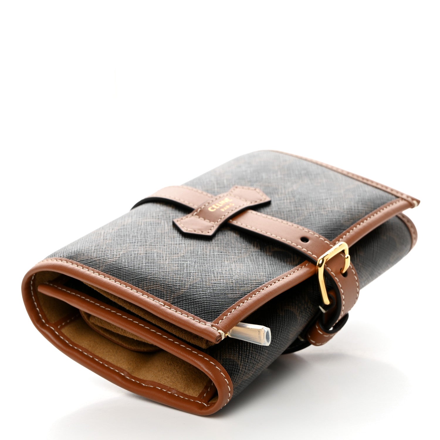 Celine Triomphe Canvas Calfskin Jewelry Pouch Tan 1563823