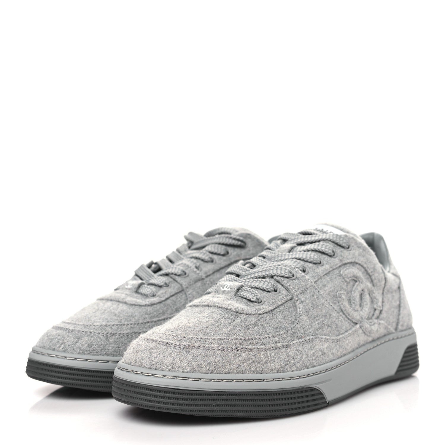 Chanel Wool Mixed Fibers Womens CC Sneakers 38 Light Grey 1533317