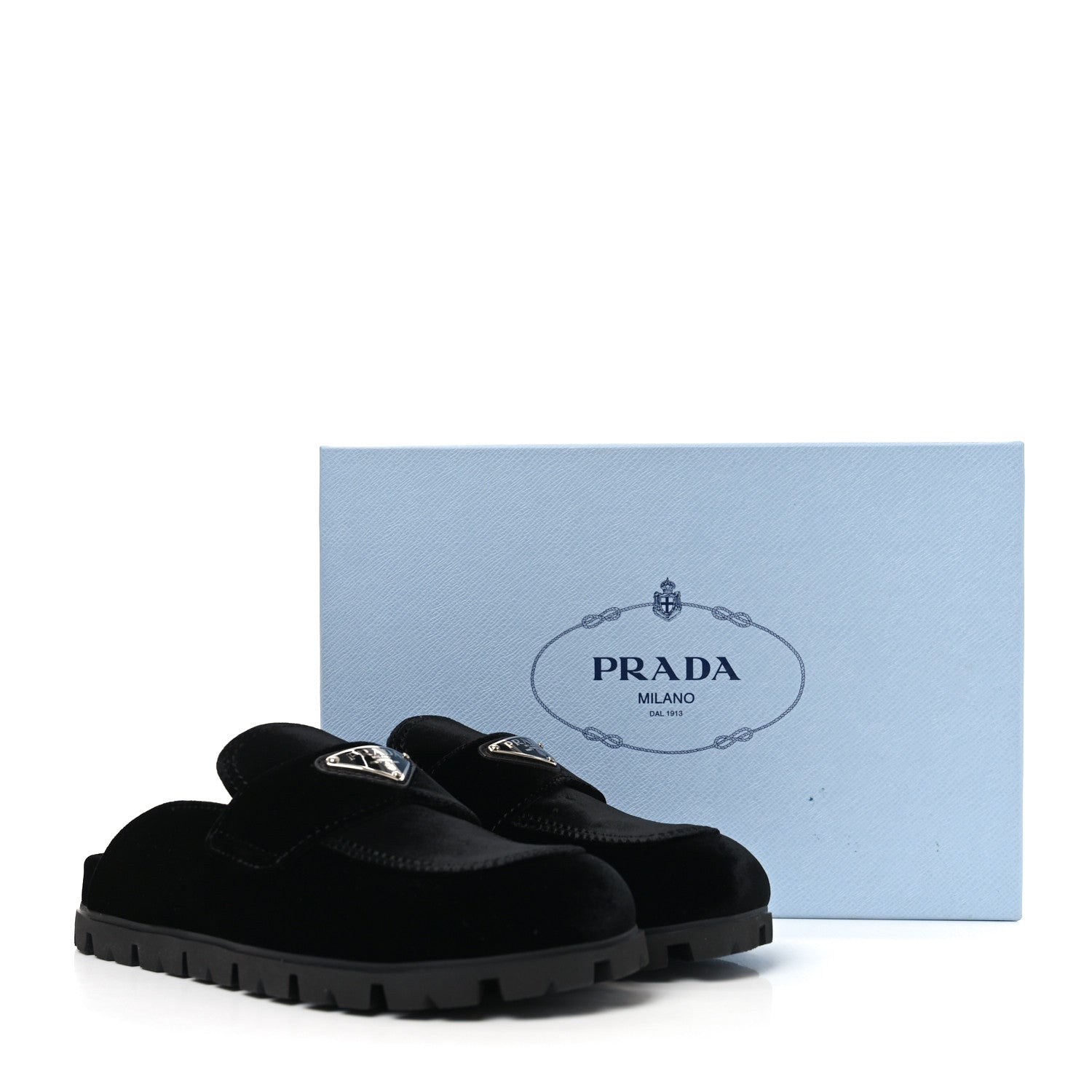 Prada Velluto Triangle 20mm Flat Mules 37.5 Black 1797373