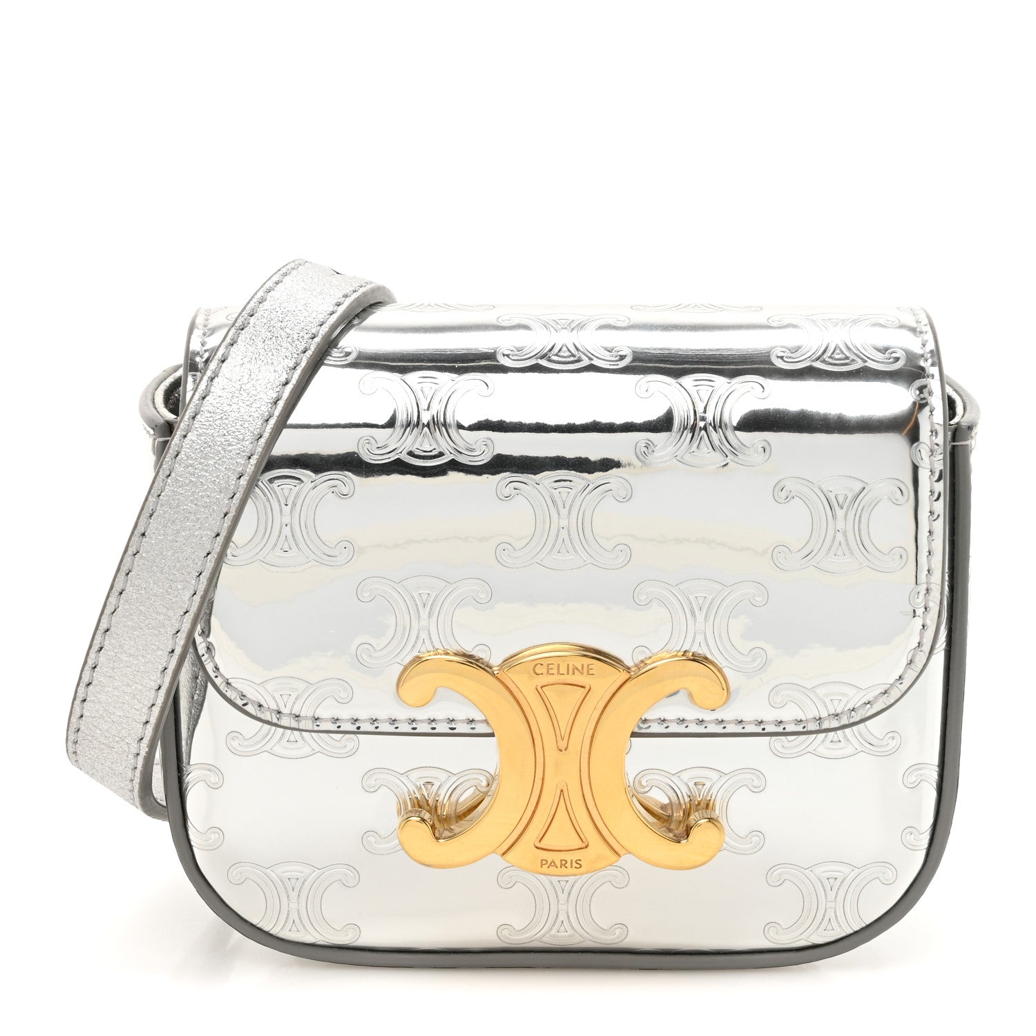 Celine Mirror Calfskin Triomphe Embossed Mini Claude Silver