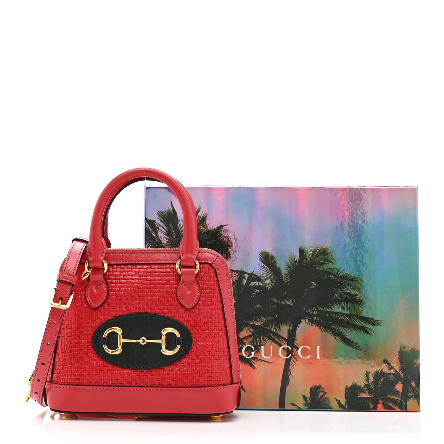 Gucci Straw Azalea Calfskin Woven Mini Horsebit 1955 Top Handle