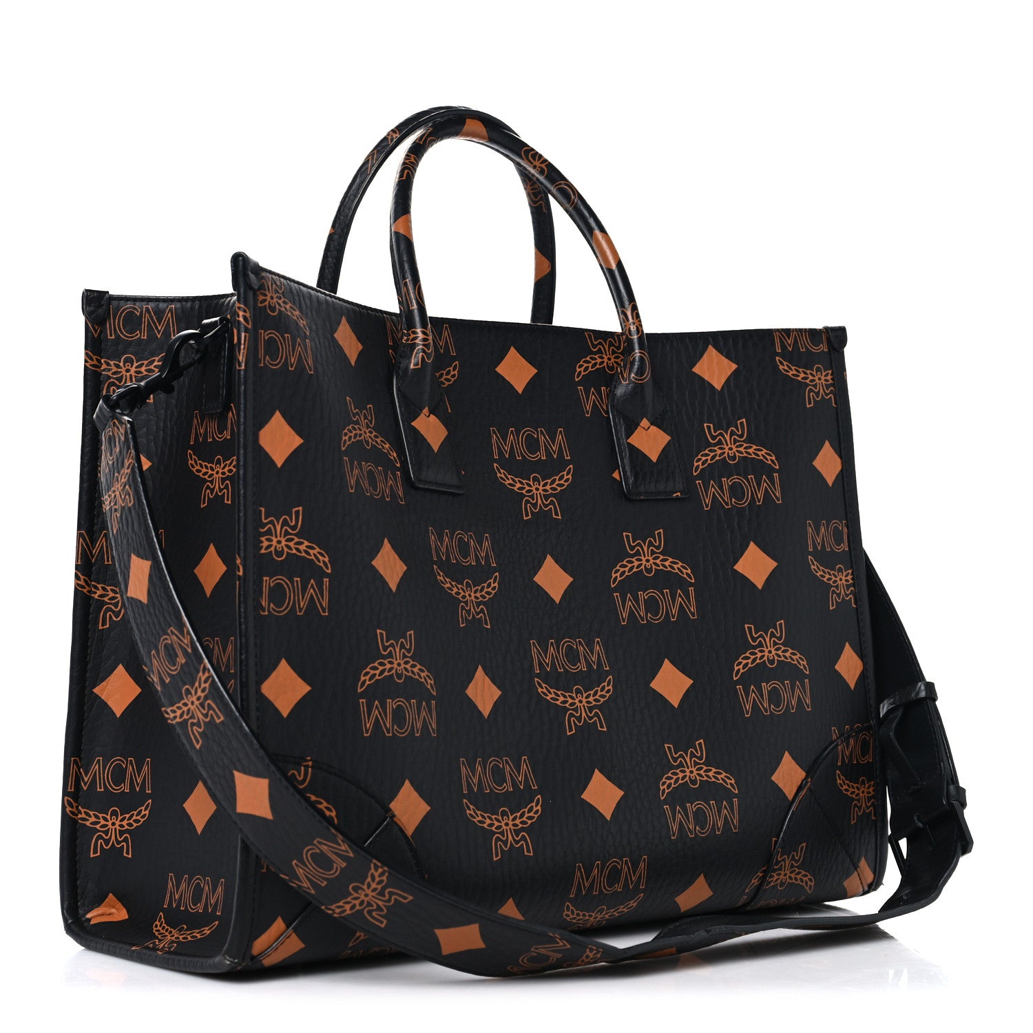 MCM Visetos Maxi Large Munchen Tote Black Cognac 1781571