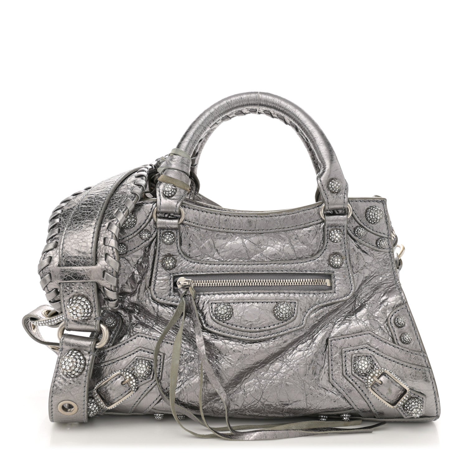 Balenciaga Agneau Arena Crystal Neo Cagole Handbag XS Silver