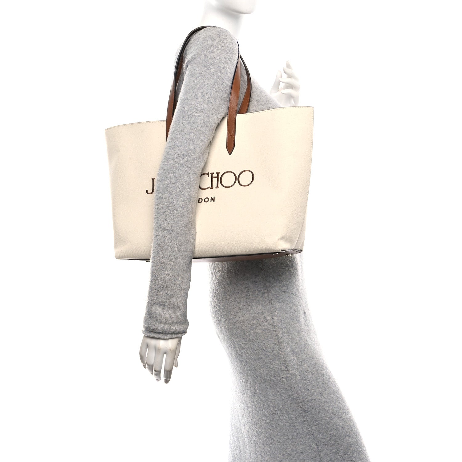 Jimmy Choo Canvas Embroidered Logo Tote Ecru Tan 1777968