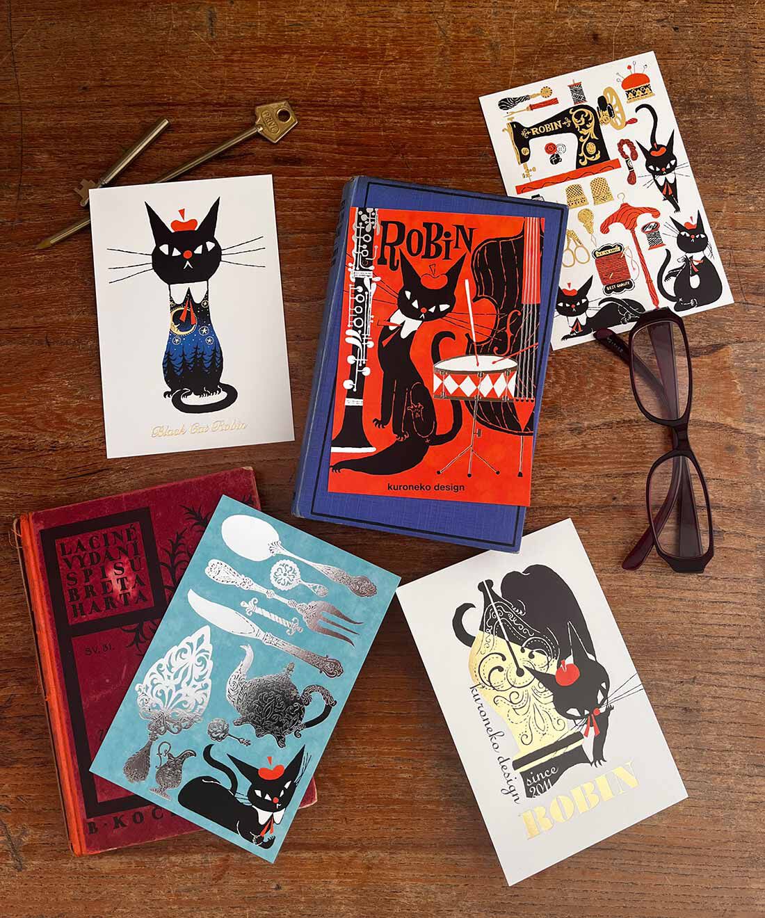 cozyca products 箔押しポストカード5種類セット〈黒ねこ意匠