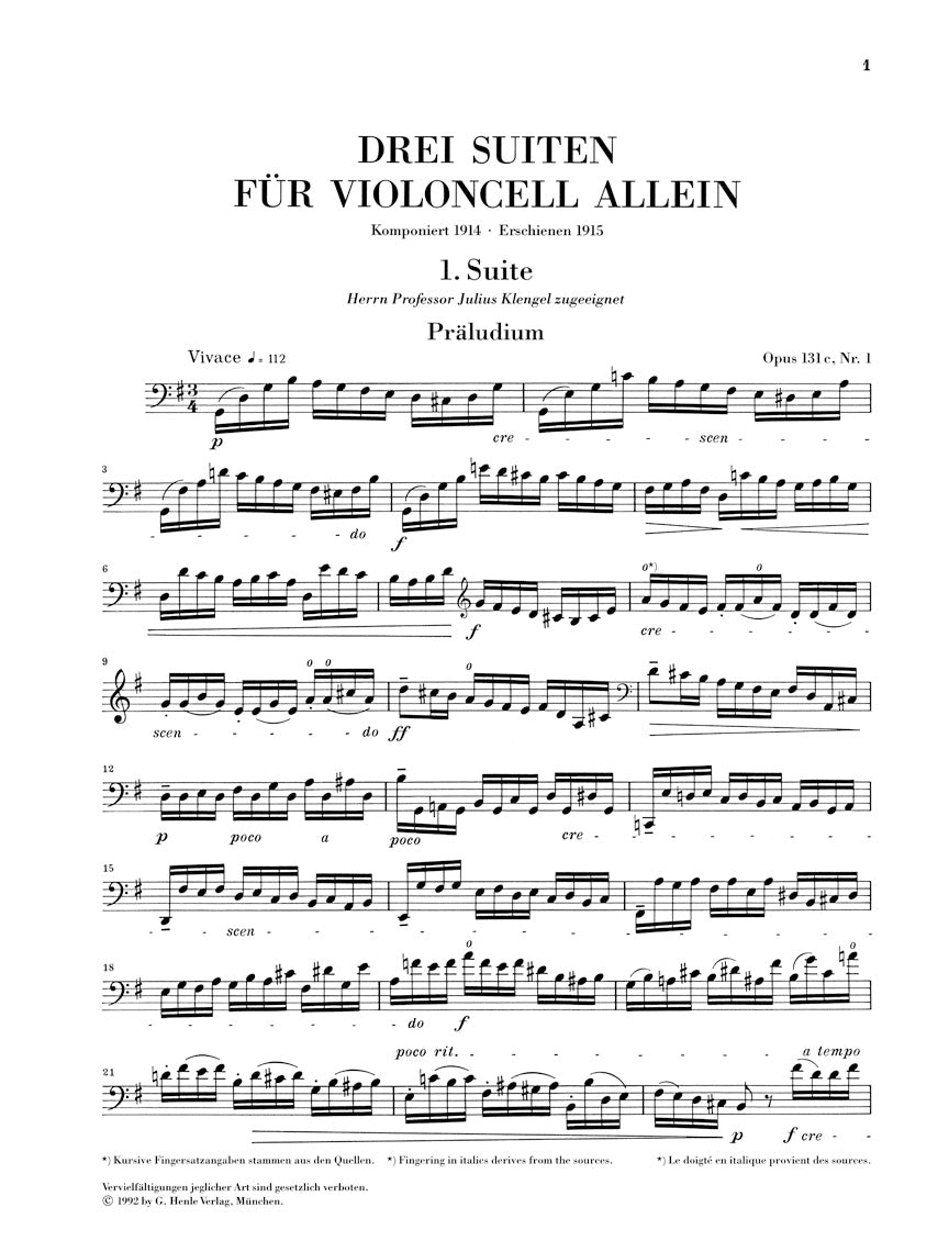 Reger: 3 Suites for Cello Solo, Op. 131c – Ficks Music