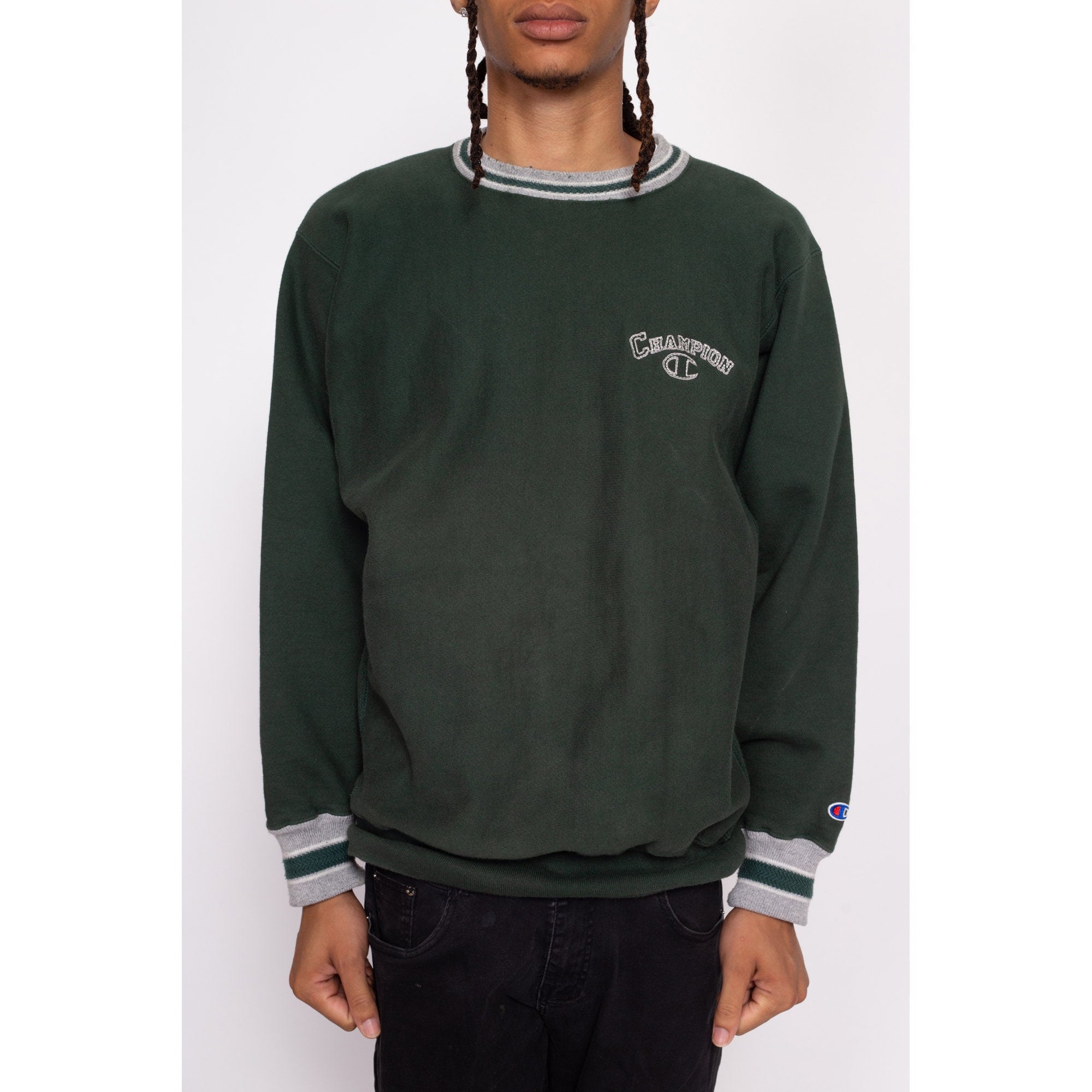 90s Champion Reverse Weave Striped Trim Sweatshirt - Men's Large