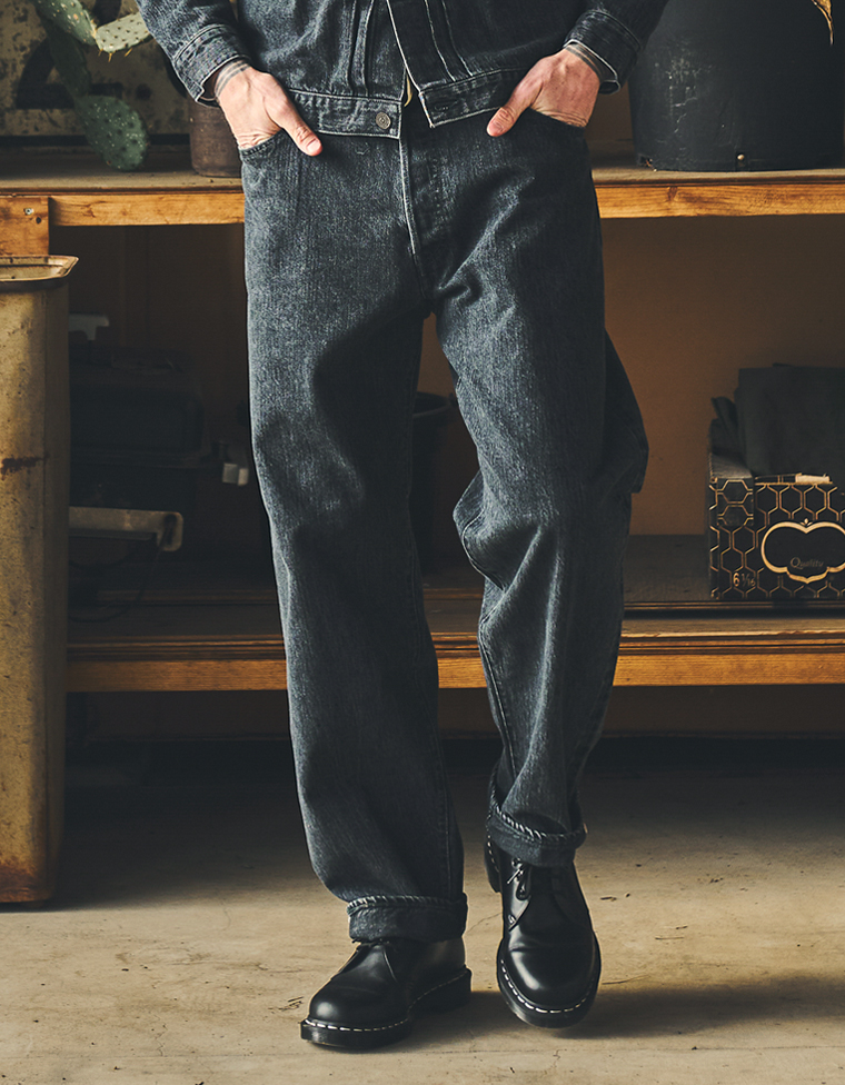 12.5oz ワイドテーパード 加工ブラックデニムパンツ FN-PA-DB003C