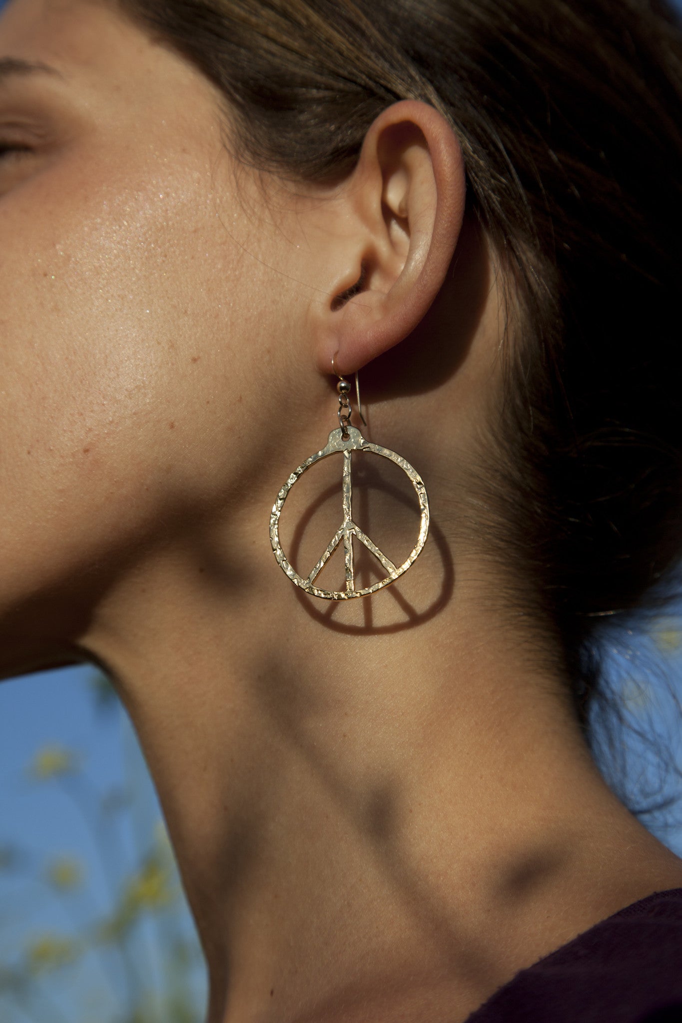 Hand Hammered Peace Symbol Gold-dipped Earrings on French Hooks