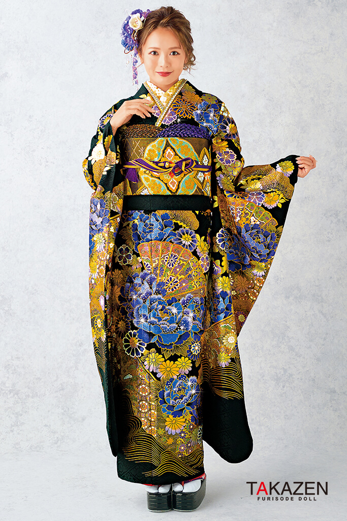 粋古典 黒/紫/ゴールド(金色) 牡丹柄/扇柄 派手 かっこいい 最高級金彩