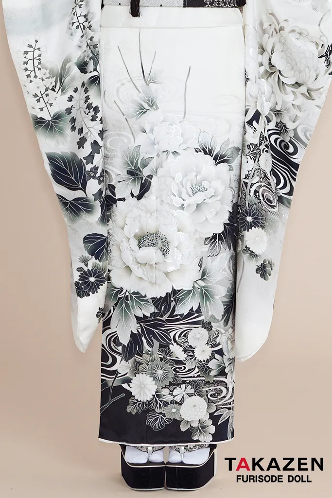 最新作正統派古典 白地/黒 牡丹柄/流水模様 かっこいい 大人っぽい