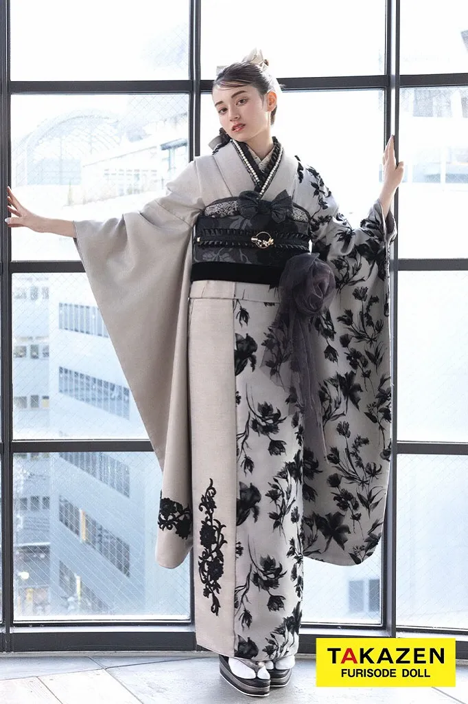 くすみカラーエレガント振袖ネットレンタル ベージュ/黒 ダスティー