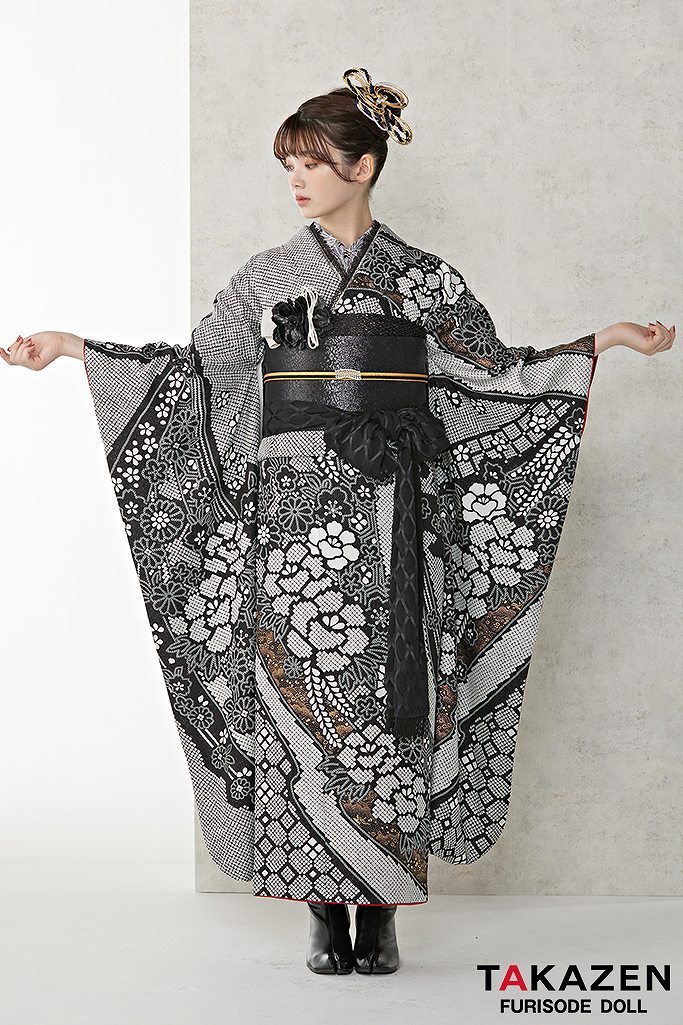 ヴィンテージスタイル 黒/白/モノトーン 鹿の子模様 絞り風 大正ロマン