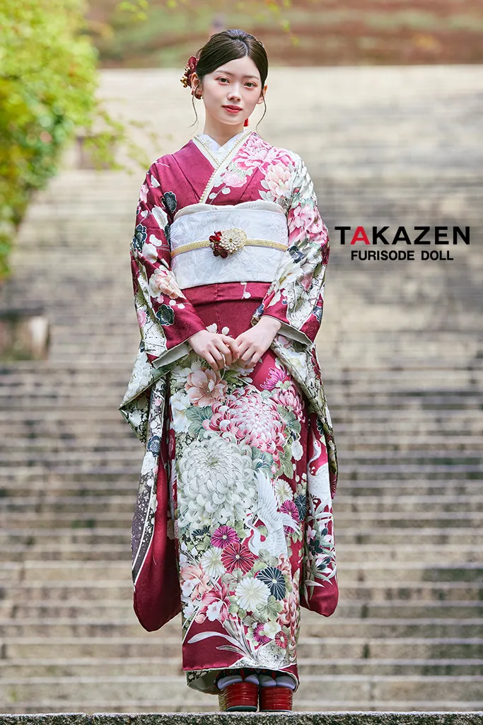 正統派古典 ワインレッド/エンジ 鶴柄/乱菊 大人っぽい 綺麗系 華やか