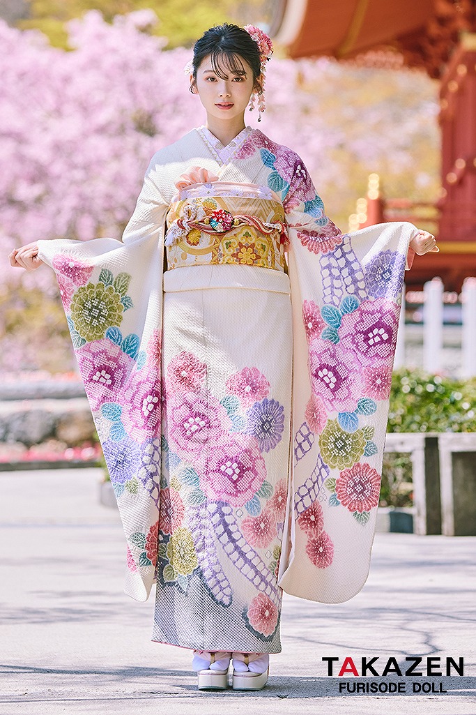 最上級“藤娘きぬたや” 白/ピンク 藤の花 総絞り振袖ネットレンタル