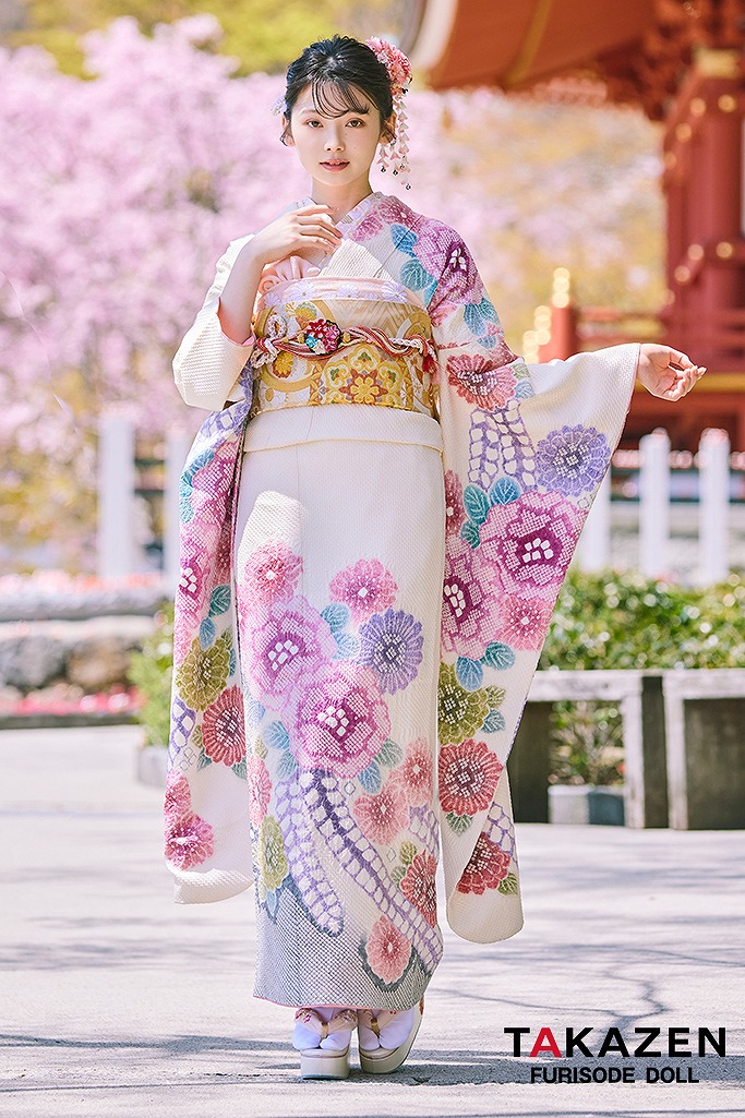 最上級“藤娘きぬたや” 白/ピンク 藤の花 総絞り振袖ネットレンタル