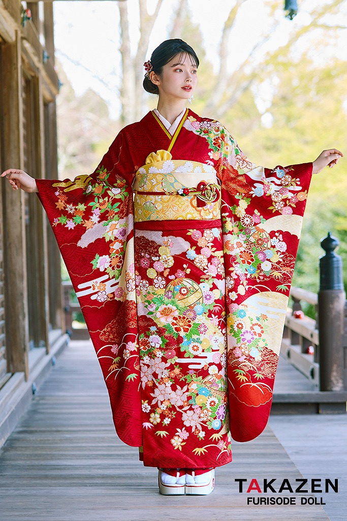 プレミアム古典 赤 吉澤織物/最高級金彩手描友禅 柄小さめ 清楚 南琴奈