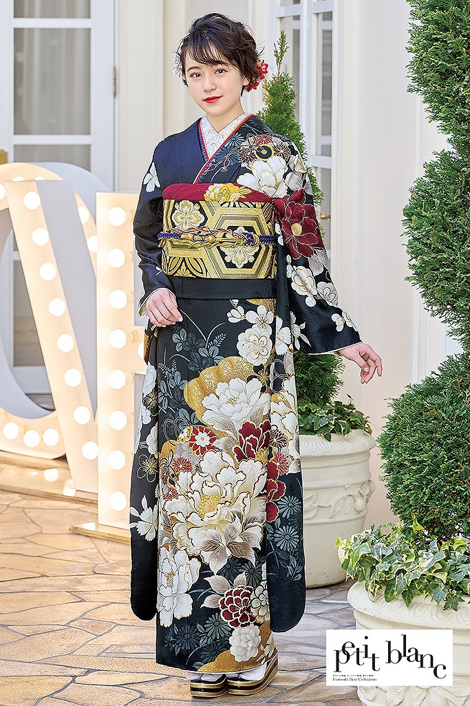 正統派古典 ネイビー/紺 牡丹柄/大柄 大人っぽい 綺麗 高身長さんに