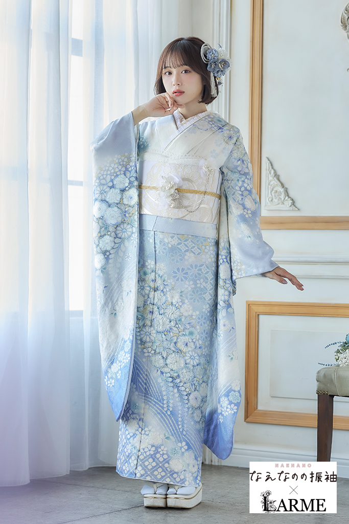 なえなのの振袖×LARME 水色 辻が花/藤 正統派古典 かわいい きれいめ