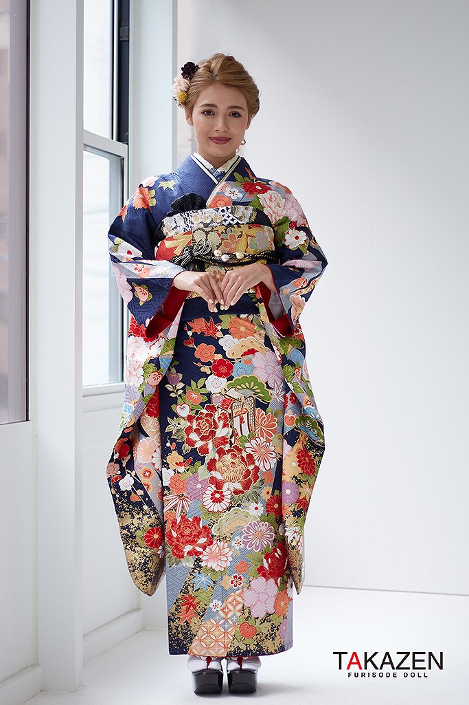 正統派古典 紺(ブルー) 牡丹柄/柄多め 華やか古典振袖 鮮やかデザイン