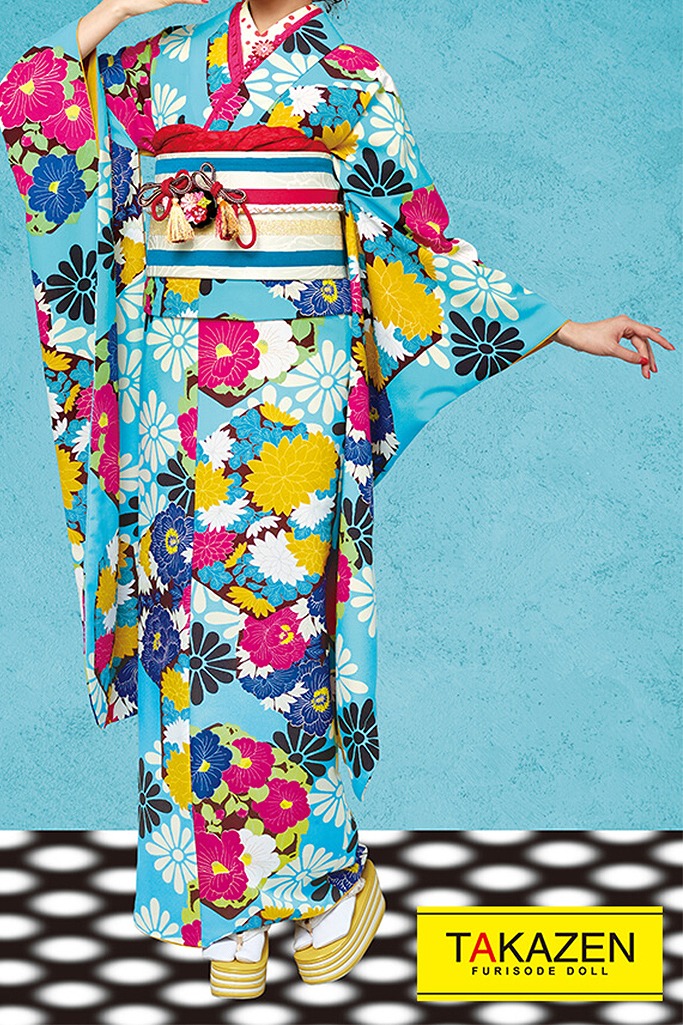 激安レトロポップ 水色(ブルー)/黄/ピンク/カラフル 総柄 個性的振袖