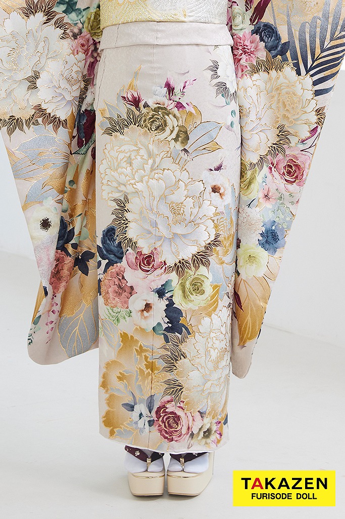 くすみカラー古典 淡い色/ベージュ ボタン柄/大柄 華やか 艶感 綺麗