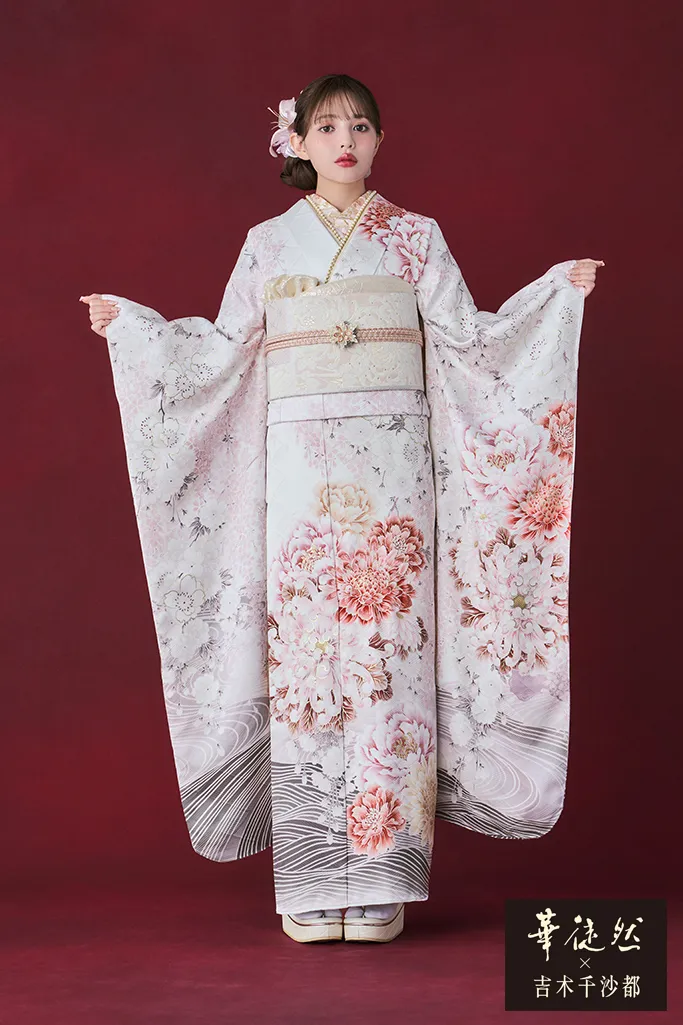 華徒然×吉木千沙都振袖ネットレンタル 白/ピンク 牡丹柄/菊柄 かわいい