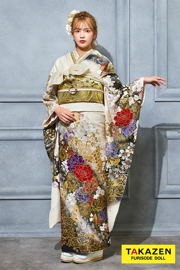 格安モード系 白/金 牡丹柄 桂由美デザイン振袖 かっこいい 派手